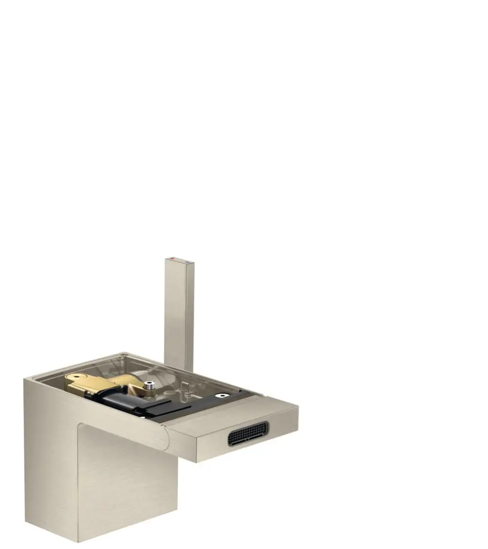 Ein AXOR Bidetmischer in gebürstetem Nickel mit einem minimalistischen Design und einer Push-Open Ablaufgarnitur. Der Kran ist ohne Platte gefertigt.